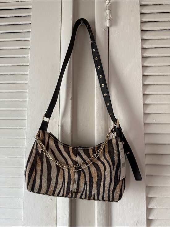 Madden Girl Handbags - Madden Girl Zebra-Print Shoulder Bag in Black, Tan, and Cream with Gold Chain